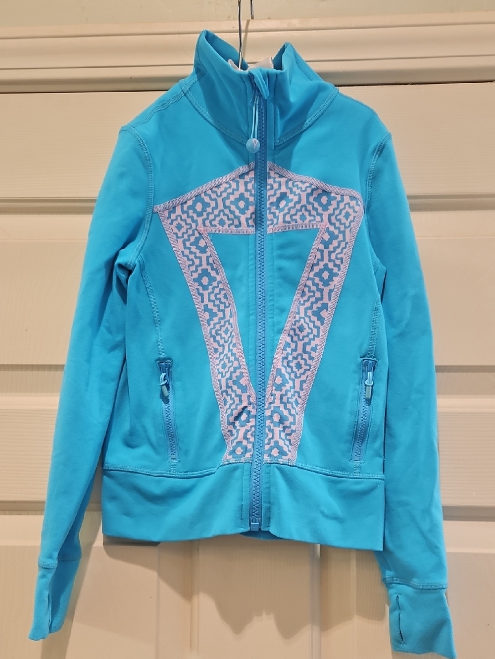 Ivivva Girks Lululemon Define Turquoise Zip-Up Jacket with Geometric Front Panel